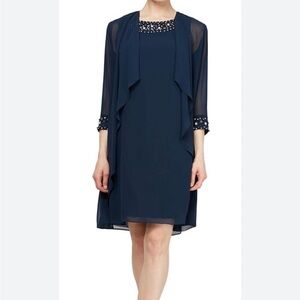 Ignite Elegant Navy Blue Dress with Sheer Overlay Jacket Size 16